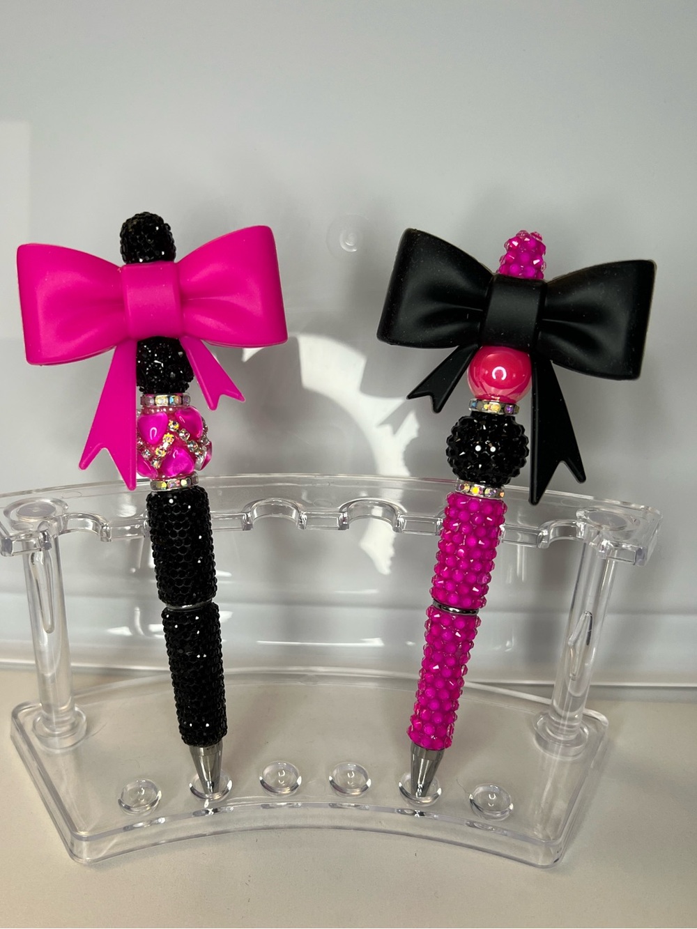 Set of Two Bow Beaded Pens - Pink & Black